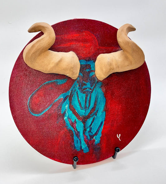 Bull Painting on Canvas with Ceramic Horns
